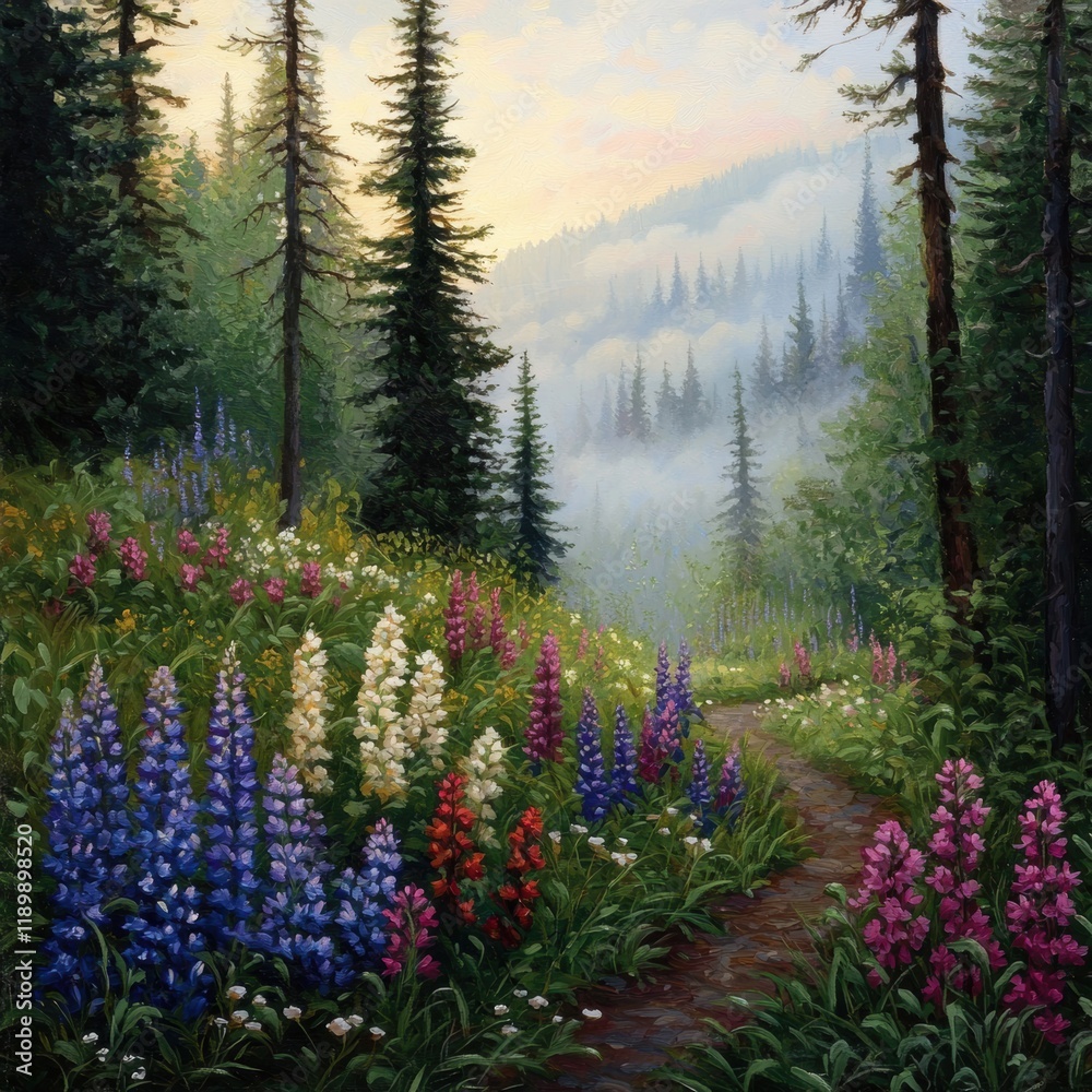 Fototapeta premium Serene Nature Pathway Surrounded by Vibrant Wildflowers and Trees