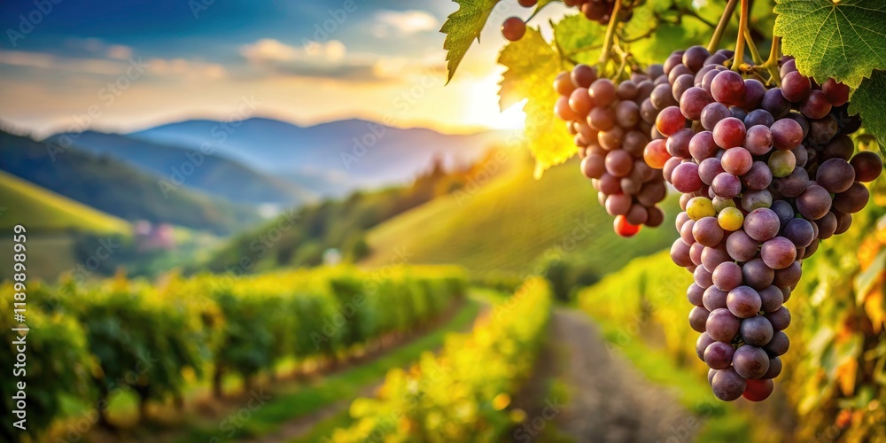 Naklejka premium Closeup of Lush Grapes in a Vineyard - Tilt-Shift Photography for Stunning Visuals of Fresh Bunches, Nature's Beauty, and Agricultural Landscapes
