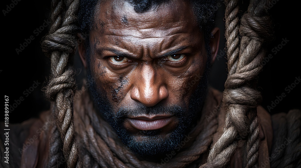 Close-up portrait of a determined, dark-skinned man with ropes. Close-up portrait of a determined, dark-skinned man with ropes.