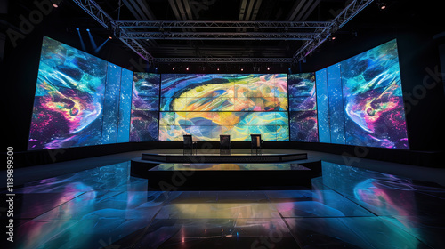 Futuristic LED Stage with Vibrant Digital Displays and Dynamic Lighting created with Generative AI Technology