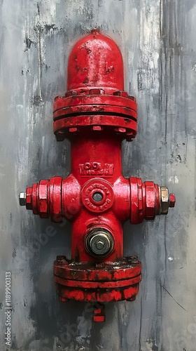 Red Fire Hydrant on Grunge Wall: Urban Industrial Photography photo