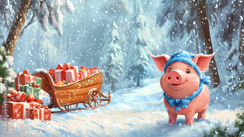 Playful pig in a blue hat next to a gift-laden sleigh in a snowy winter forest scene. Windcrest. Illustration photo