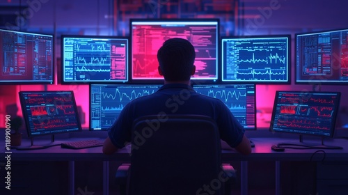 A healthcare analyst working in a high-tech control room, surrounded by glowing monitors displaying complex health data analysis.