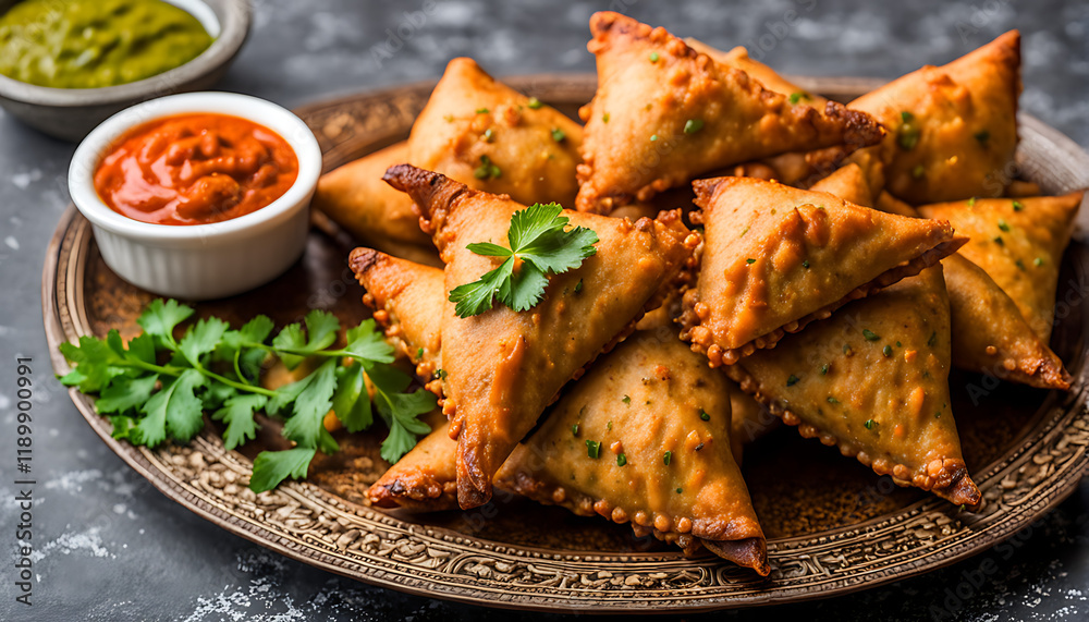 samosas and pakoras arranged together on a serving platter samosas and pakoras arranged together on a serving platter