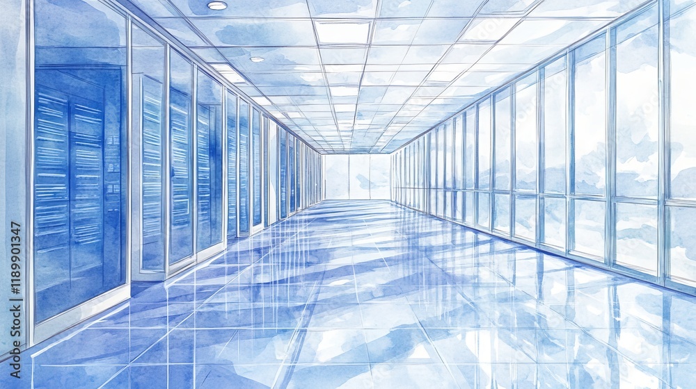 Modern Office Corridor with Large Windows and Blue Accents, Bright and Open Space Ideal for Corporate Environments, Business Settings, or Inspirational Architecture Designs Modern Office Corridor with Large Windows and Blue Accents, Bright and Open Space Ideal for Corporate Environments, Business Settings, or Inspirational Architecture Designs