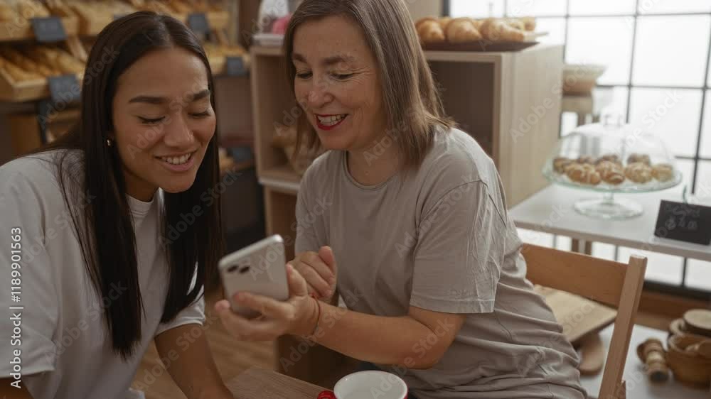 Mother and daughter sharing a moment looking at a phone in a bakery with shelves of bread and pastries in the background Mother and daughter sharing a moment looking at a phone in a bakery with shelves of bread and pastries in the background