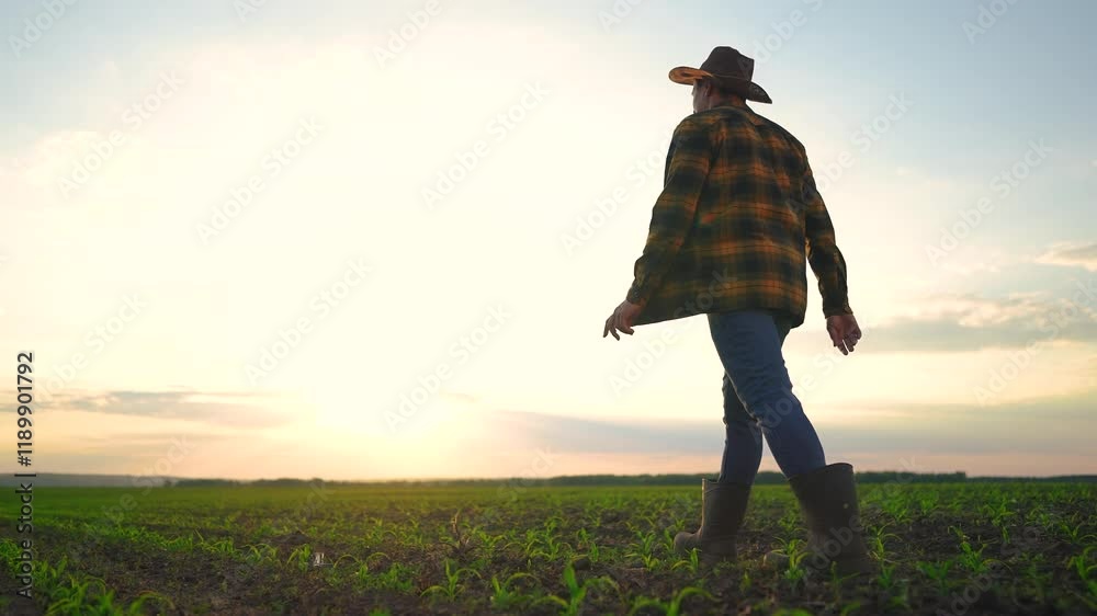 The farmer works in the field of corn. agriculture a business concept. The silhouette farmer walk fields corn in the cornfield. farmer in a hat and boots walking corn lifestyle field