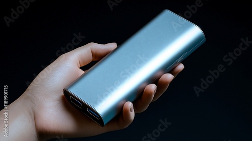 Hand holding a silver portable charger. photo