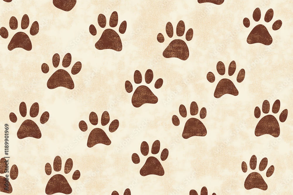 A seamless light brown paw print pattern on a gentle creamcolored background, designed to evoke warmth and tranquility, perfect for animal or petthemed textiles
