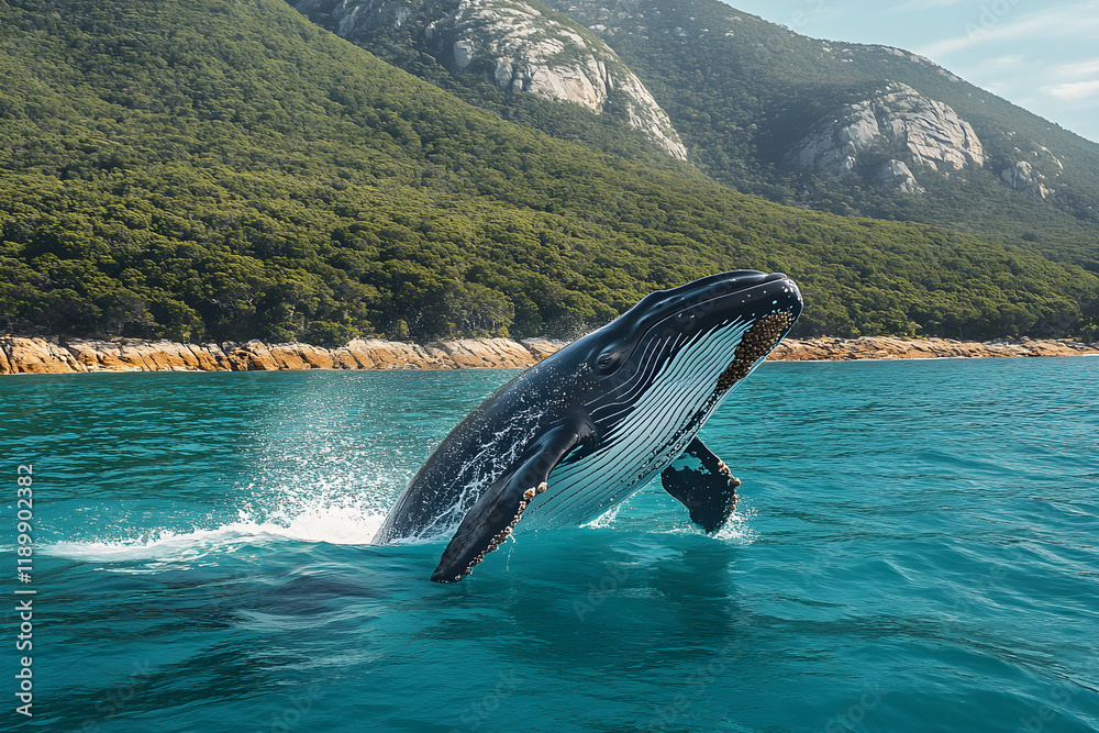 Obraz premium Humpback Whale Breaching in Clear Blue Ocean with Forested Cliffs. 