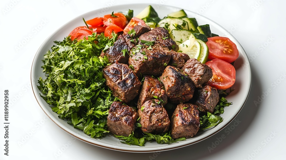 Beef kebab with vegetable salad on a white background Beef kebab with vegetable salad on a white background