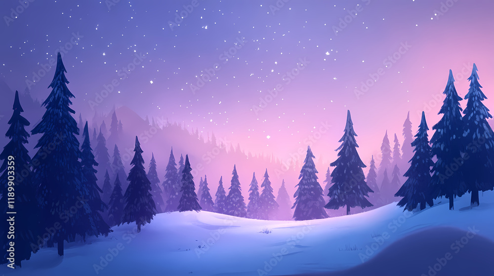 A majestic winter scene with snowy forests and a starry sky, portraying serenity and fantasy in pastel shades. Windcrest. Illustration A majestic winter scene with snowy forests and a starry sky, portraying serenity and fantasy in pastel shades. Windcrest. Illustration