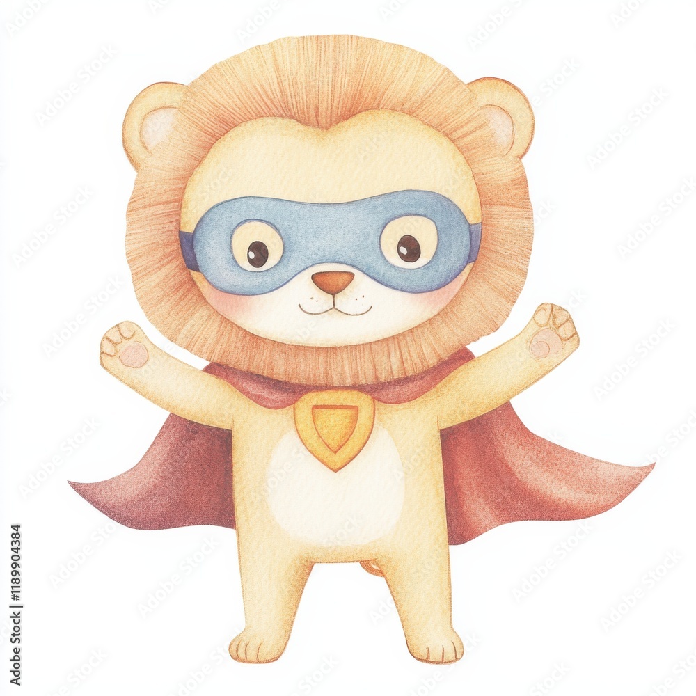 Fototapeta premium Animal Superhero. Cute illustration of a cartoon bear in a lion costume, wearing a blue mask and red cape, embodying a playful superhero theme. watercolor style, clipart, isolated on white background