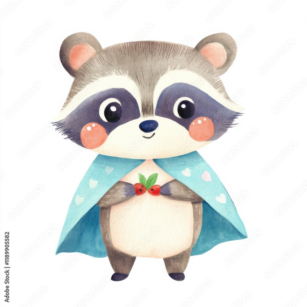 Fototapeta premium A cute raccoon superhero character, wearing a cape, watercolor illustration, vibrant colors, isolated on white background --profile jh84aip --v 6.1 Job ID: d3bc3582-b508-43b5-ae1b-f121d6161ebd