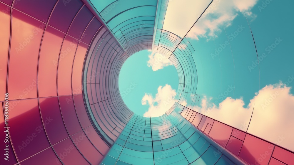 Fototapeta premium 53.A minimalist architectural composition depicting the interior view of a skyscraper chimney. The structureâ€™s smooth, reflective surfaces in gradient shades of turquoise and burgundy contrast with