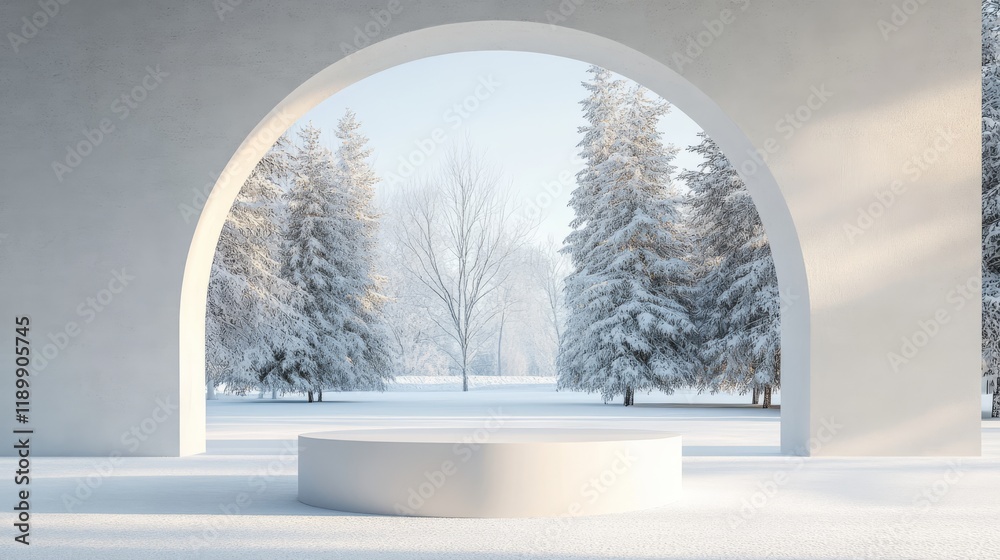 Fototapeta premium 42.A minimalist winter-themed backdrop with a clean, white podium placed beneath an arched structure. The natural lighting creates a calming ambiance, while the subtle geometry adds a touch of
