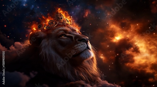 Majestic Lion King with Fiery Crown in a Starry Night