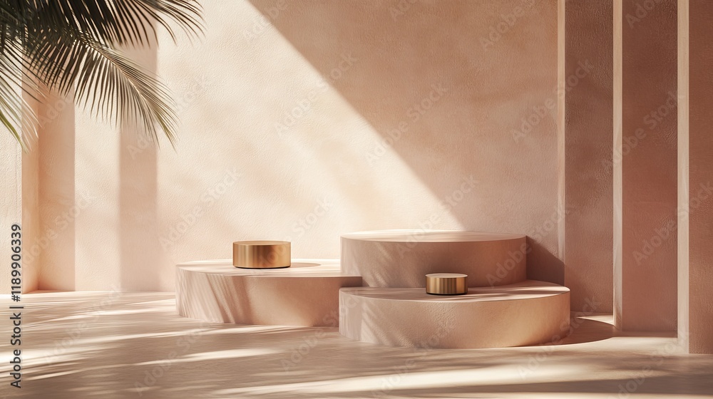 16.A pastel pink background with a sleek 3D podium design featuring art deco-inspired steps. Geometric shapes and a subtle shadow of palm leaves add a natural yet minimal touch, perfect for beauty 16.A pastel pink background with a sleek 3D podium design featuring art deco-inspired steps. Geometric shapes and a subtle shadow of palm leaves add a natural yet minimal touch, perfect for beauty