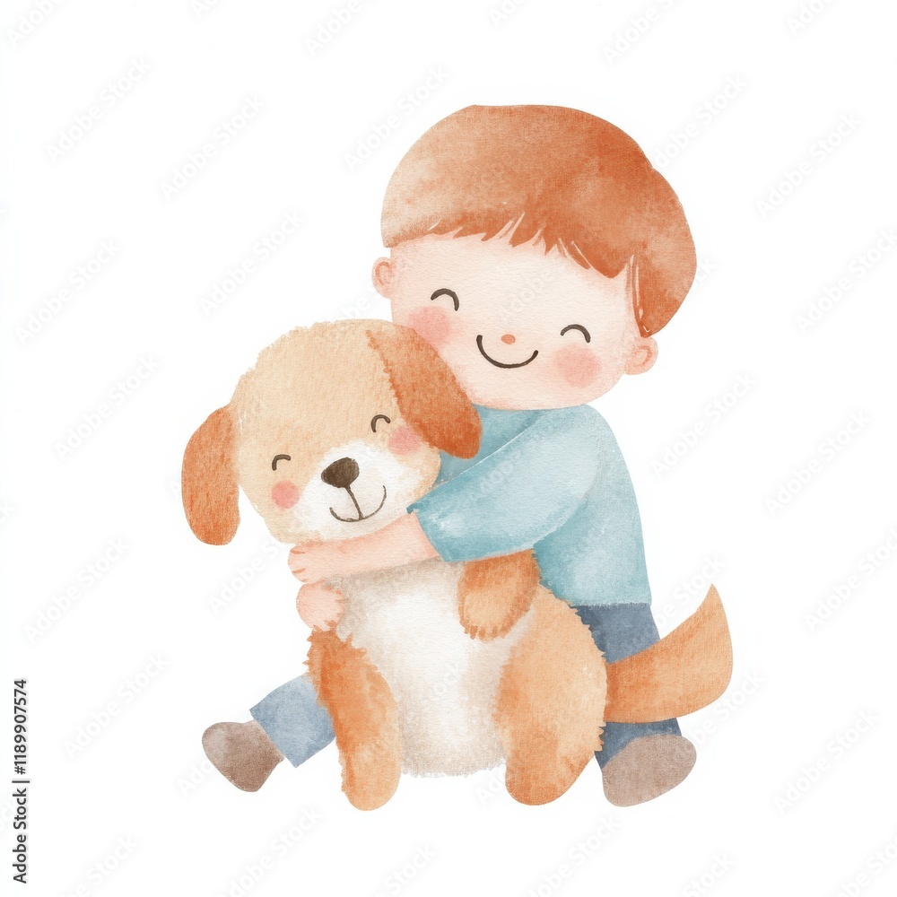 A cheerful child hugs a friendly dog, showcasing a joyful bond between them in a warm, illustrated style. watercolor style, clipart, isolated on white background