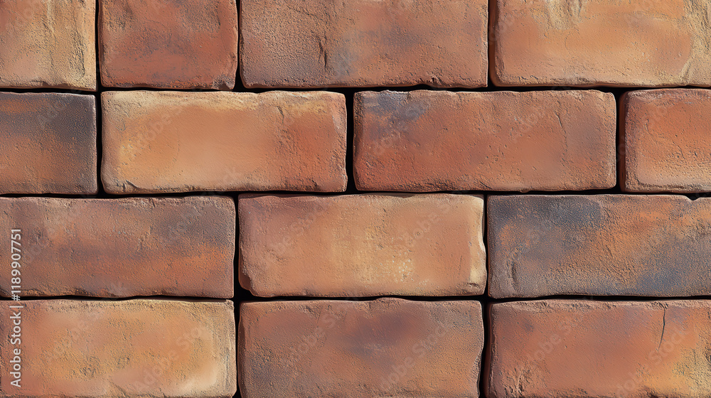 Fototapeta premium A seamless texture of red clay bricks, arranged in an old-fashioned style with visible cracks and glaze