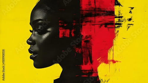 Abstract portrait of a Black woman's profile against a vibrant yellow and red background.