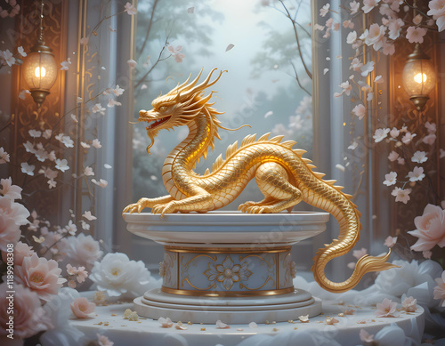 Golden Dragon Statue in Elegant Setting