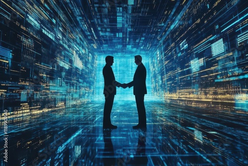 businessmen shaking hands over a digital landscape