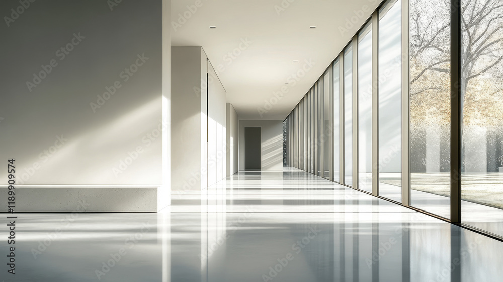 Fototapeta premium Modern interior of an empty white hall with glass walls, light shadows, and reflections on the floor, minimalist design