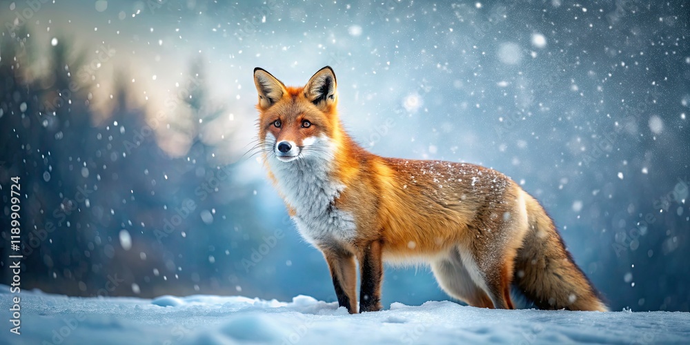Fototapeta premium Majestic Red Fox in a Serene Snowy Landscape with Falling Snowflakes