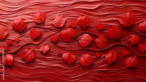 Red leaves and hearts on a wavy red background photo