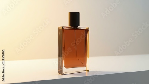 deep amber perfume for men in a transparent luxury bottle, designed with sharp, modern lines and a matte finish photo