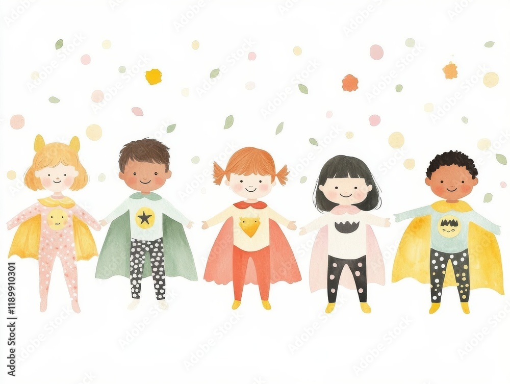 Fototapeta premium Cheerful children dressed as superheroes stand together, surrounded by confetti, showcasing fun and creativity. watercolor style, clipart, isolated on white background