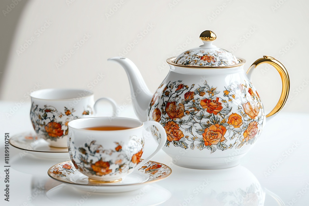 Porcelain teapot and two cups on white background Porcelain teapot and two cups on white background