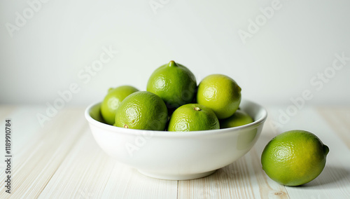 Fresh limes in a white bowl with bright minimalist presentation - Generative AI