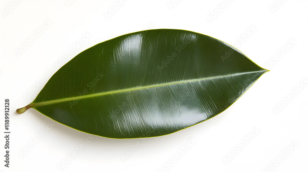 Fototapeta premium Single, vibrant green Ficus elastica leaf isolated on a white background. The leaf's texture and prominent central vein are clearly visible.