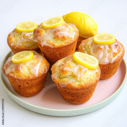 Freshly baked lemon muffins topped with glaze and lemon slices on a pastel plate.