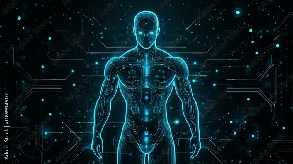 Futuristic Human Anatomy: Digital Body Scan, Cyberpunk Technology, Circuitry, Neon Lights, Artificial Intelligence Futuristic Human Anatomy: Digital Body Scan, Cyberpunk Technology, Circuitry, Neon Lights, Artificial Intelligence
