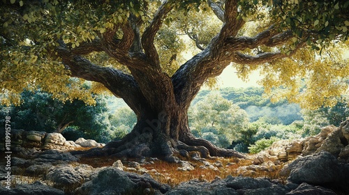 Ancient Oak Tree Stands Majestically in a Lush Forest During Golden Hour