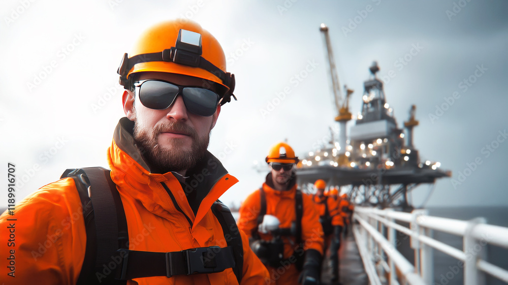Offshore Oil Rig Worker: A focused oil rig worker in an orange protective suit and helmet, sunglasses, and backpack stands on a platform, his serious gaze meeting the camera. Offshore Oil Rig Worker: A focused oil rig worker in an orange protective suit and helmet, sunglasses, and backpack stands on a platform, his serious gaze meeting the camera.