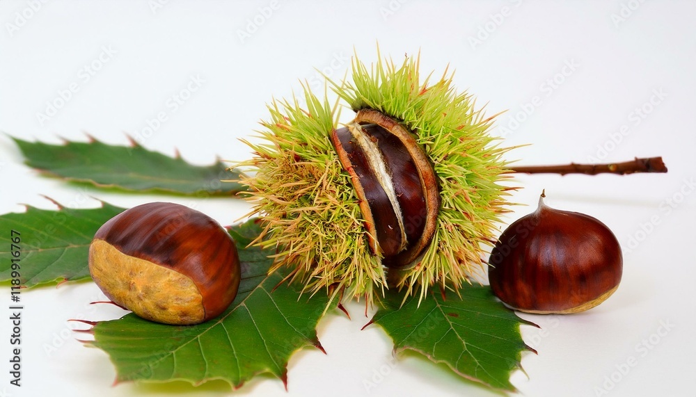 Sweet chestnuts in their spiky husks, nestled on vibrant green leaves. Sweet chestnuts in their spiky husks, nestled on vibrant green leaves.