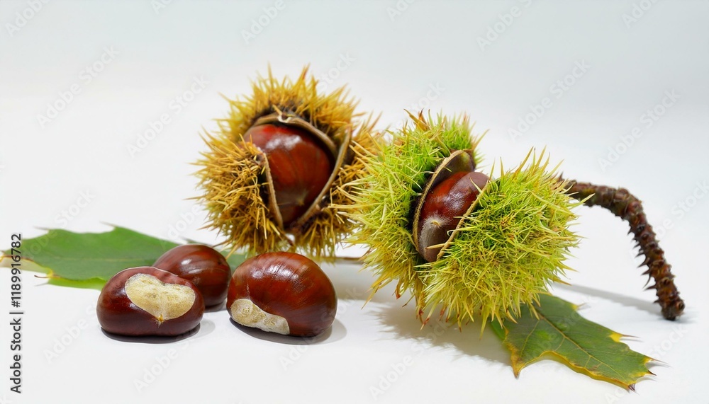 Sweet chestnuts still in their spiky husks. Sweet chestnuts still in their spiky husks.
