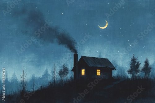 night scene cabin home in the countryside with smoke from chimney and crescent moon in blue sky photo