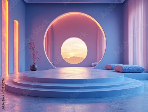 3D Render of Minimalistic Winner Podium with Soft Ambience on Blue Background photo