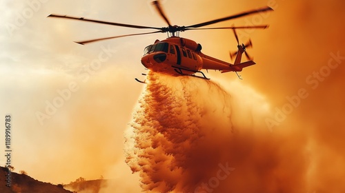 Firefighting Helicopter in Action: A powerful helicopter bravely battles a raging wildfire, its water bucket releasing a torrent of water against the fiery inferno. photo