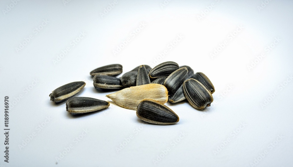 A small pile of sunflower seeds on a white background. A small pile of sunflower seeds on a white background.