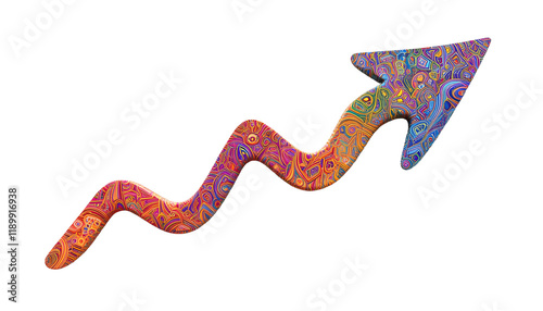 A 3D, minimalist, single slightly curved arrow with floral patterns in PNG format on a white background, colorful arrow, harmonious colors, seamless pattern, bold swirls, animal motifs, turquoise