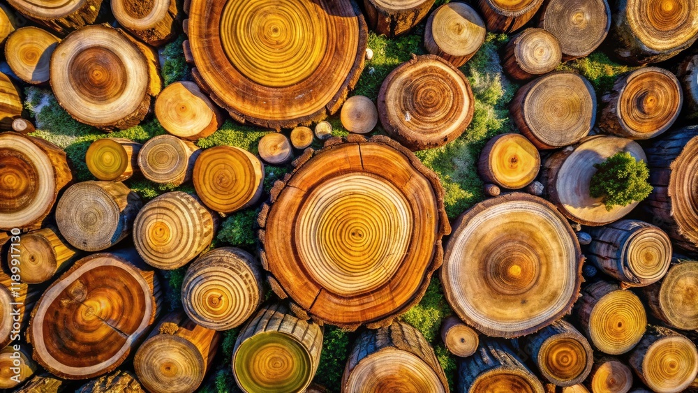 Stacked Tree Slices with Detailed Rings and Textures Showcasing Natural Wood Patterns in Drone Photography Stacked Tree Slices with Detailed Rings and Textures Showcasing Natural Wood Patterns in Drone Photography