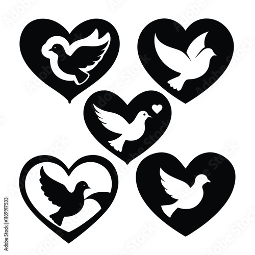 Black and white doves in hearts, a symbol of peace and love.