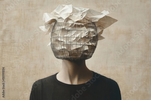 Wallpaper Mural Surreal Portrait of a Man with Crumpled Paper Head in Cage Reflecting Waste and Rejection Torontodigital.ca