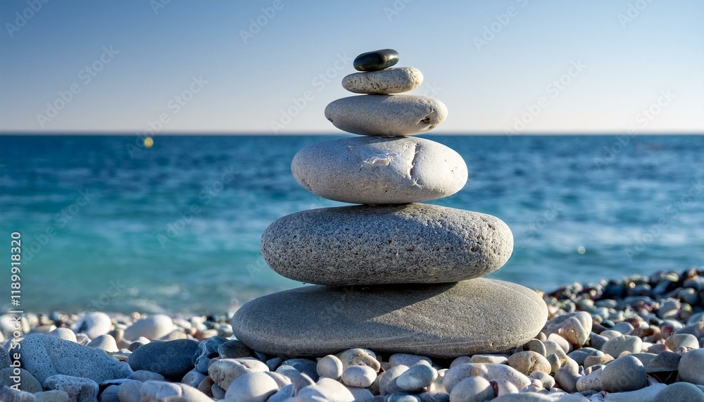 Serene stones stacked on a beach, ocean backdrop. Serene stones stacked on a beach, ocean backdrop.